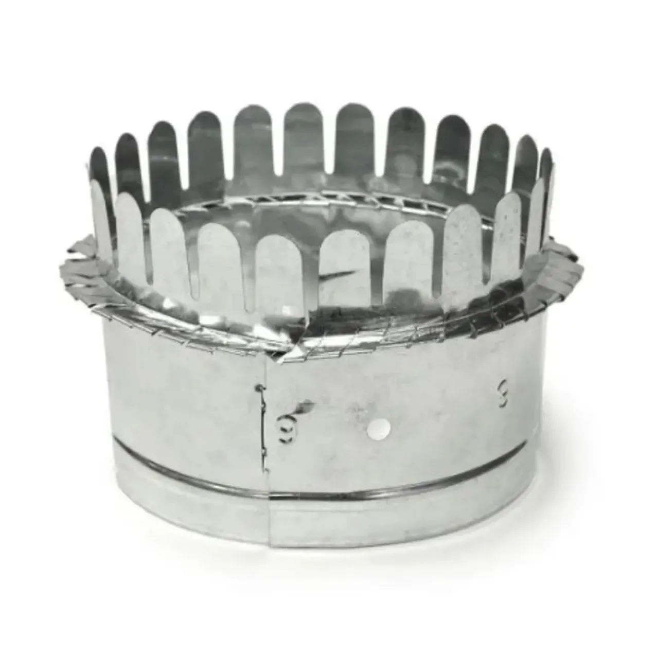 The 8 in. Starting Collar Take Off by Go Build, The Fastest Way To Build, features a round galvanized steel design with vertical tabs and a smooth cylindrical base, ideal for venting systems like duct board plenums.